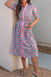 Printed Shirred Sleeve Buttoned Front Midi Dress with Sash OutfitFlow